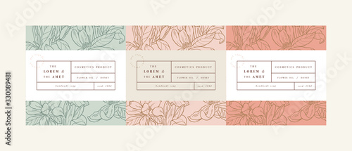 Vector set pattens for cosmetics with label template design. Patterns or wrapping paper for package and beauty salons. Magnolia flowers. Organic, natural cosmetic.