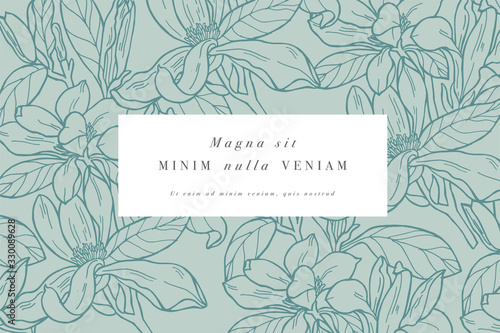 Vintage card with magnolia flowers. Floral wreath. Flower frame for flowershop with label designs. Summer floral magnolia greeting card. Flowers background for cosmetics packaging.