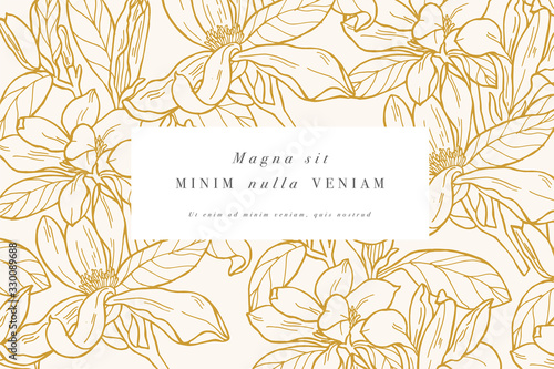 Vintage card with magnolia flowers. Floral wreath. Flower frame for flowershop with label designs. Summer floral magnolia greeting card. Flowers background for cosmetics packaging.