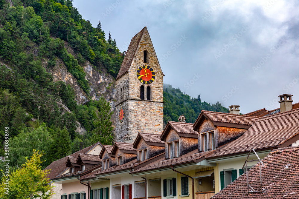 Church in Old City of Unterseen Interlaken, important tourist center in the Bernese Highlands, Switzerland