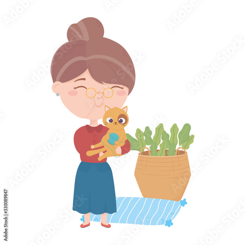 cats make me happy, old woman carrying cat with ball basket