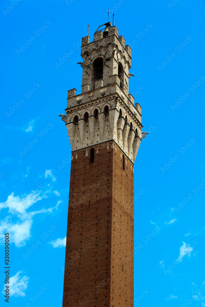 Siena (SI), Italy - June 01, 2016: Mangia tower in the old town of Siena, Tuscany, Italy