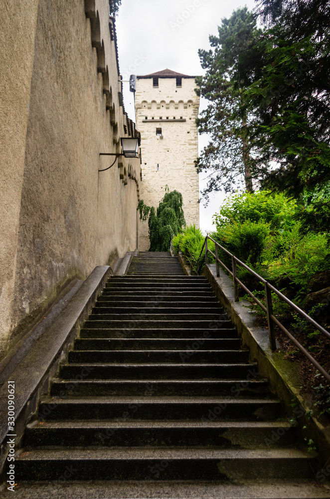 Long stone stairway to a stonewall tower in Lucerne Swtizerland