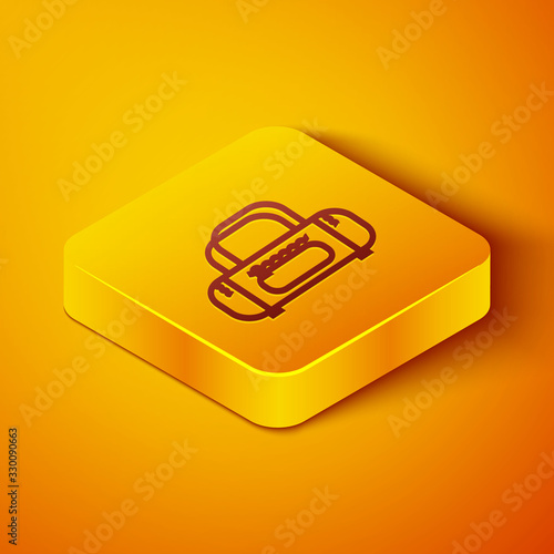 Isometric line Sport bag icon isolated on orange background. Yellow square button. Vector Illustration