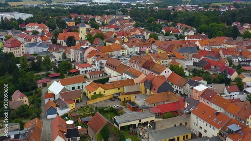 Aerial view of the city Radeburg in east Germany on a sunny day in summer. Descending beside the city. photo