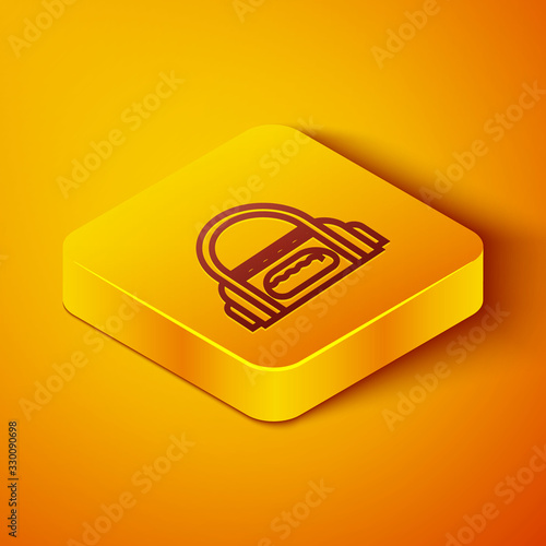 Isometric line Sport bag icon isolated on orange background. Yellow square button. Vector Illustration