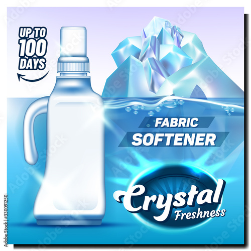 Crystal Freshness Fabric Softener Poster Vector. Blank Bleach Plastic Bottle Softener With Handle And Cap And Iceberg. Package For Laundry Detergent Concept Template Realistic 3d Illustration