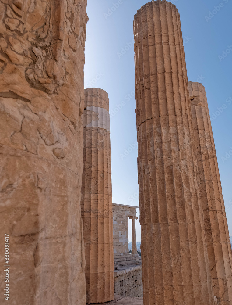 Greece, Athens Acropolis, view between columns to the small ionian style Athens nike (victorious) ancient temple