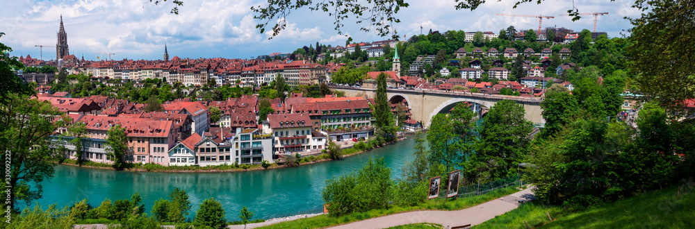Old city Bern Switzerland Aarau Aare river side panorama sunny summer day