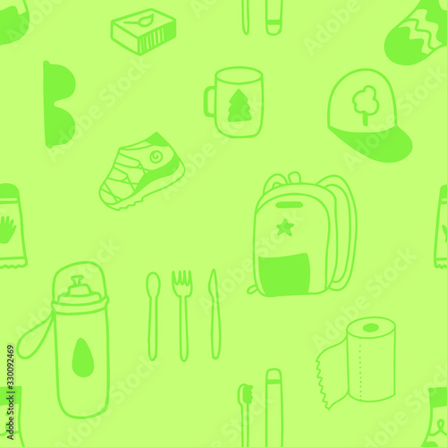 Seamless camping things hand drawn pattern stock vector doodle illustration isolated on white background.Trendy fabric design textile wallpaper wrapping paper or advertising or stationary design.