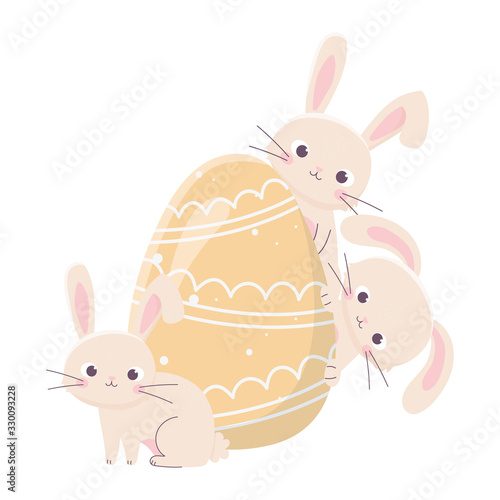 happy easter day, cute rabbits with painted egg decoration