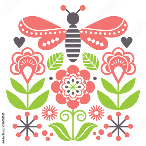 Scandinavian folk art style flowers and insect vector design, cute graden floral pattern with fly inspired by traditional embroidery from Sweden, Norway and Denmark