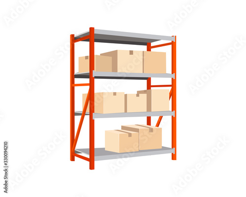 Vector illustration of an orange metal shelving with boxes on a white background.