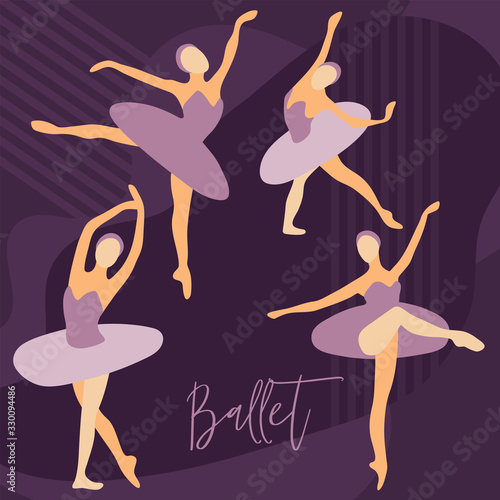 Dancing ballerinas drawn in a flat style. Cartoon character of a ballerina in different dance poses. Vector illustration