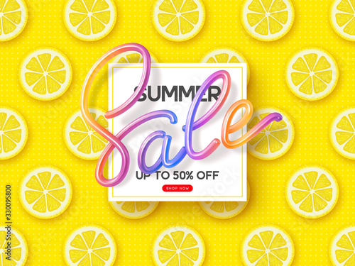 Summer Sale banner with 3d colorful handwritten calligraphy and sliced lemon pieces yellow background. Promo design for seasonal discount. Vector illustration.