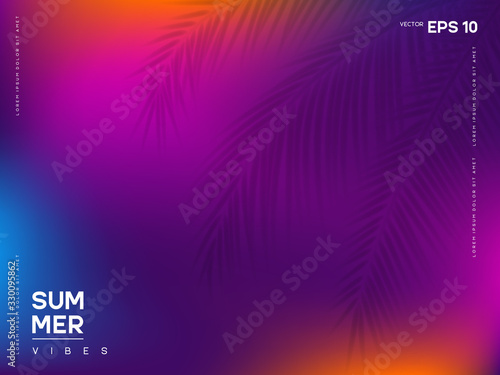 Summer vibes banner with abstract gradient colorful background and blur palm leaves. Template for night club, electronic music or dance summer party.