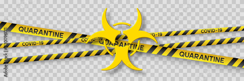 Warning coronavirus quarantine sign with yellow and black stripes and 3d infection symbol. Virus Covid-19. Isolated on transparent background. Quarantine biohazard sign. Vector.