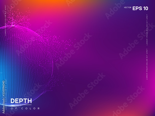 Abstract globe particles sphere with explosion effect. 3d technology digital style. Vibrant multicolor background. Futuristic vector illustration.