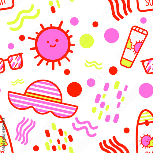 Sun screen fun hand drawn vector bright illustration seamless pattern isolated on white background with sunglasses, sun block cream and hat and absract figures in flat cartoon style trendy