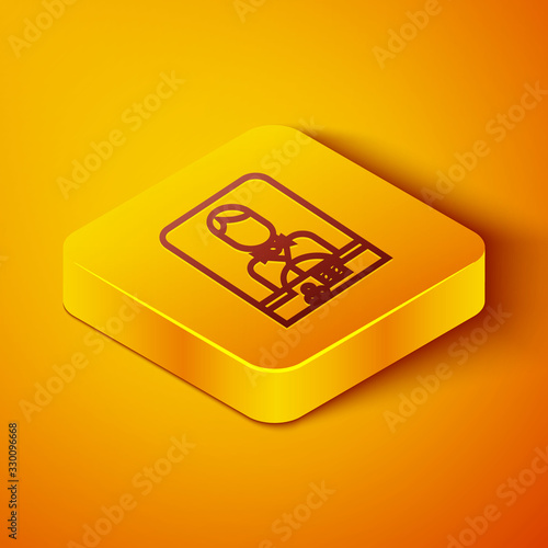 Isometric line Casino dealer icon isolated on orange background. Casino croupier. Yellow square button. Vector Illustration
