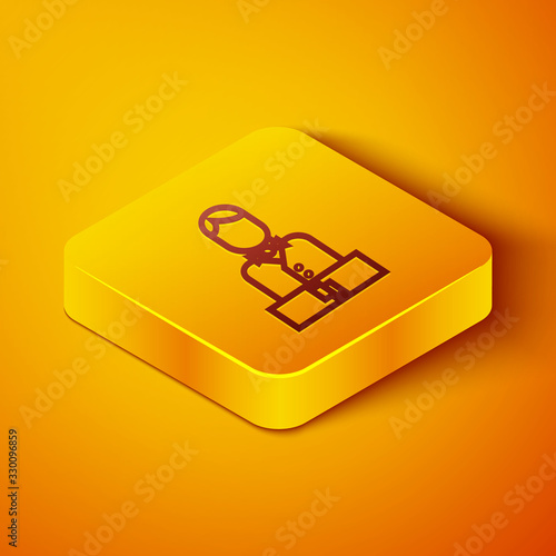 Isometric line Casino dealer icon isolated on orange background. Casino croupier. Yellow square button. Vector Illustration