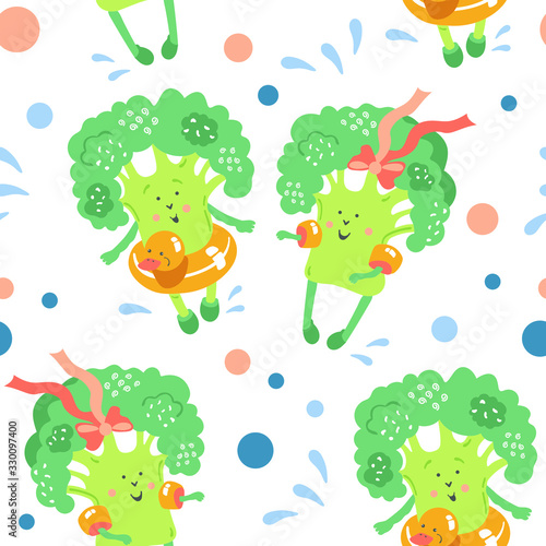 Vector seamless pattern of cute smiling broccoli. Fun food. Funny broccoli. Cabbage. Vector pattern for printing on textiles, wallpaper, paper, packaging.