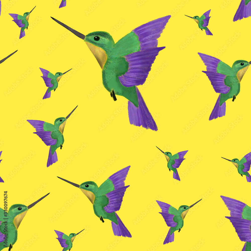seamless pattern of watercolor green and violet colibri on yellow background. hummingbird print. Exotic summer pattern. tropical beach design. Packaging, wallpaper, textile, fabric 