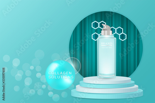 Beauty product ad design, blue cosmetic container with collagen solution advertising background ready to use, luxury skin care banner, illustration vector.	