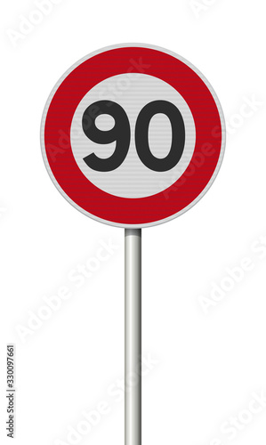 Panneau routier vitesse limitée à 90 km/h sur un poteau métallique