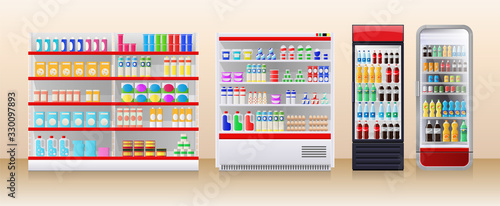 Shop fridges, refrigeration showcase with colorful product packs