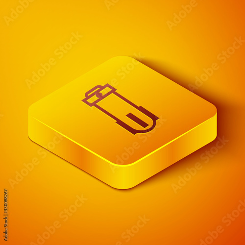 Isometric line Water filter icon isolated on orange background. System for filtration of water. Reverse osmosis system. Yellow square button. Vector Illustration
