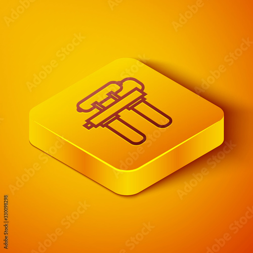 Isometric line Water filter icon isolated on orange background. System for filtration of water. Reverse osmosis system. Yellow square button. Vector Illustration