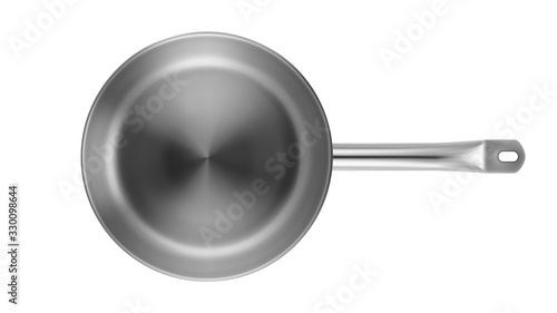 Frying Pan Stainless Kitchenware Top View Vector. Aluminium Flat-bottomed Frying Pan Restaurant Equipment For Searing And Browning Food. Cast-iron Skillet Concept Layout Realistic 3d Illustration
