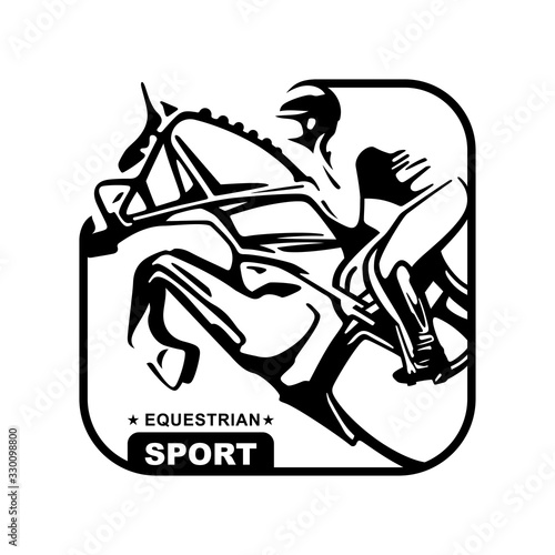 Logo. Design icons. Silhouette of racing horse with jockey. Equestrian sport. Poster. Sport. Jockey riding jumping horse. Vector Illustration