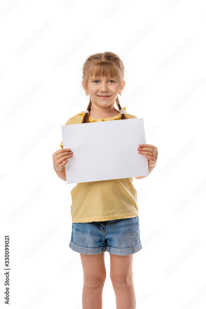 Happy cute child holding empty blank isolated on white background. kid with placard board for your text. girl with white sheet of paper. copy space Happy cute child holding empty blank isolated on white background. kid with placard board for your text. girl with white sheet of paper. copy space