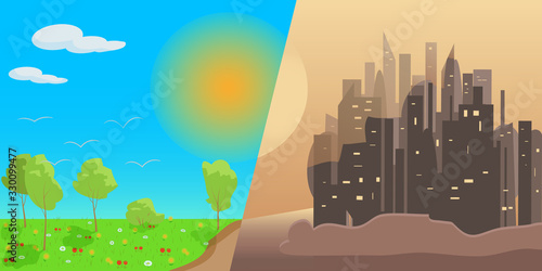 Banner depicting sunny nature contrasted with a brown scorched city. The sun over a green meadow with trees and flowers against the gloomy lifeless buildings of the metropolis. Vector image