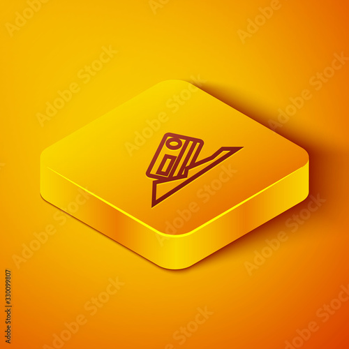 Isometric line Cocaine and credit card icon isolated on orange background. Yellow square button. Vector Illustration