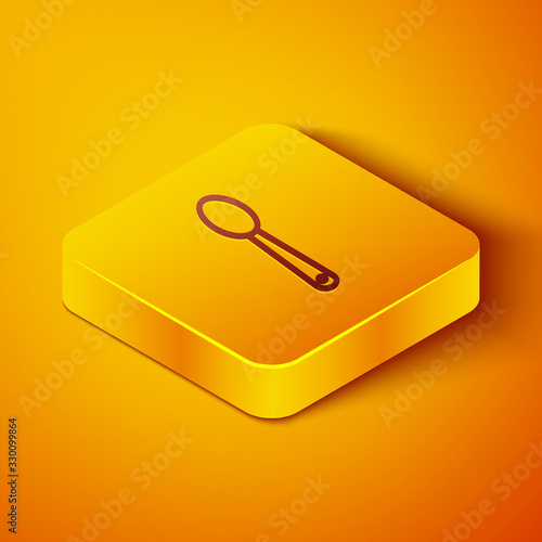 Isometric line Heroin in a spoon icon isolated on orange background. Concept of drug addiction and dependence from the narcotic. Junkie lifestyle. Yellow square button. Vector Illustration
