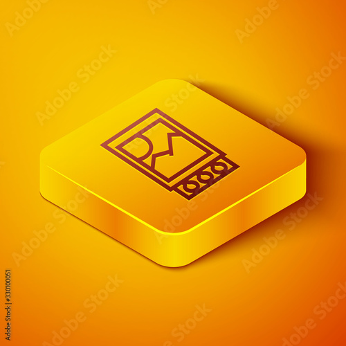 Isometric line Open matchbox and matches icon isolated on orange background. Yellow square button. Vector Illustration