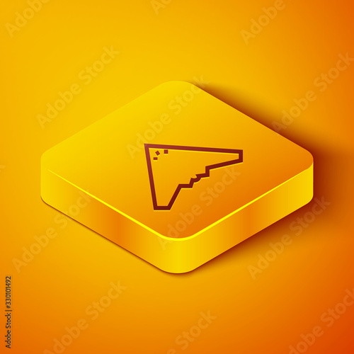 Isometric line Jet fighter icon isolated on orange background. Military aircraft. Yellow square button. Vector Illustration