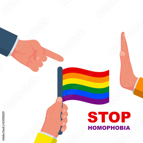 Stop homophobia. Man points to a colored flag. Hand gesture against condemnation. Vector illustration flat design. Isolated on white background.
