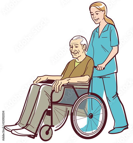 Caregiver elder care. Wheelchair with older man.