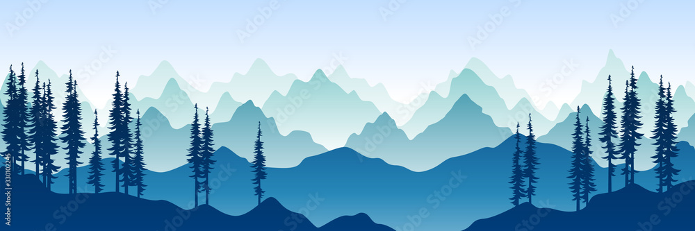 Vector illustration of beautiful dark blue mountain landscape with fog and forest. sunrise and sunset in mountains. Travel concept. Nature landscape. Vector isolated illustration