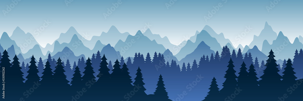 Fototapeta premium Vector illustration of beautiful dark blue mountain landscape with fog and forest. sunrise and sunset in mountains. Travel concept. Nature landscape. Vector isolated illustration