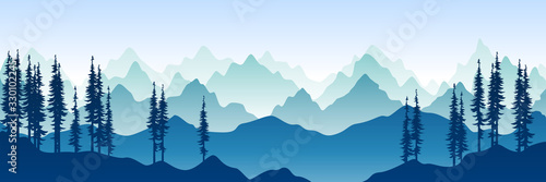 Vector illustration of beautiful dark blue mountain landscape with fog and forest. sunrise and sunset in mountains. Travel concept. Nature landscape. Vector isolated illustration