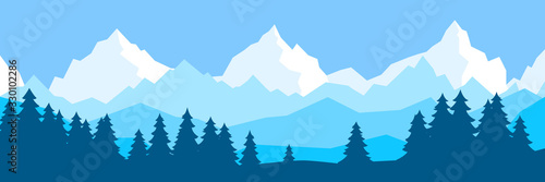 Peaceful landscape. Vector illustration. Minimalist style. Monotone colors. Wallpaper in the natural concept. Silhouettes of the mountains. Slopes, relief. Panoramic image