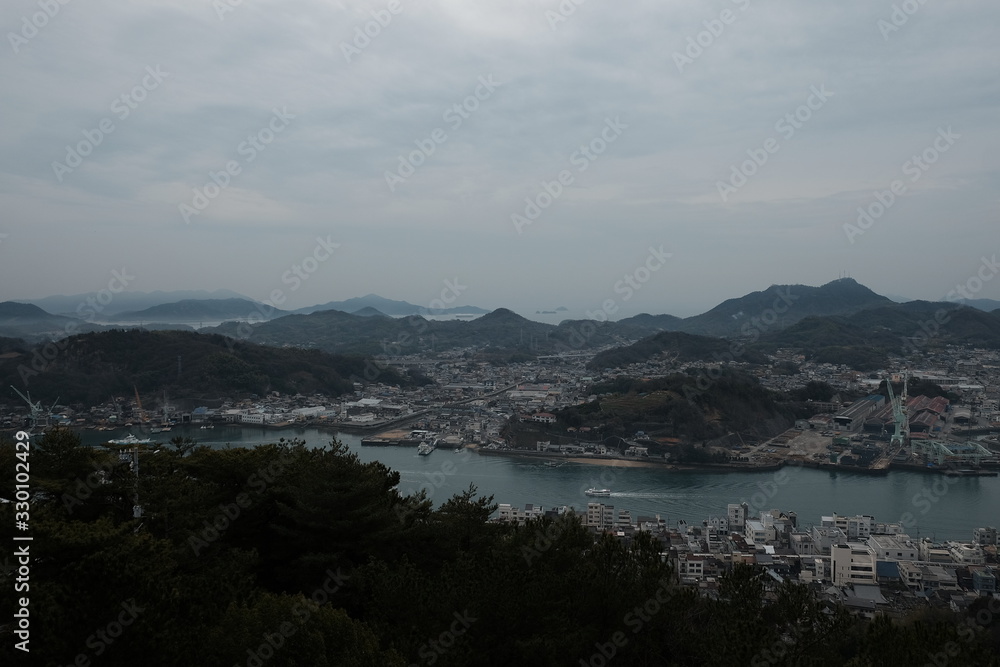 Japanese port town seen from the observatory and cable car