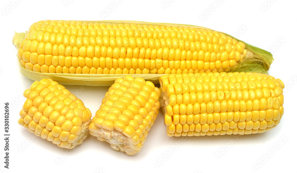 Corn isolated on white background. Top view, flat lay Corn isolated on white background. Top view, flat lay