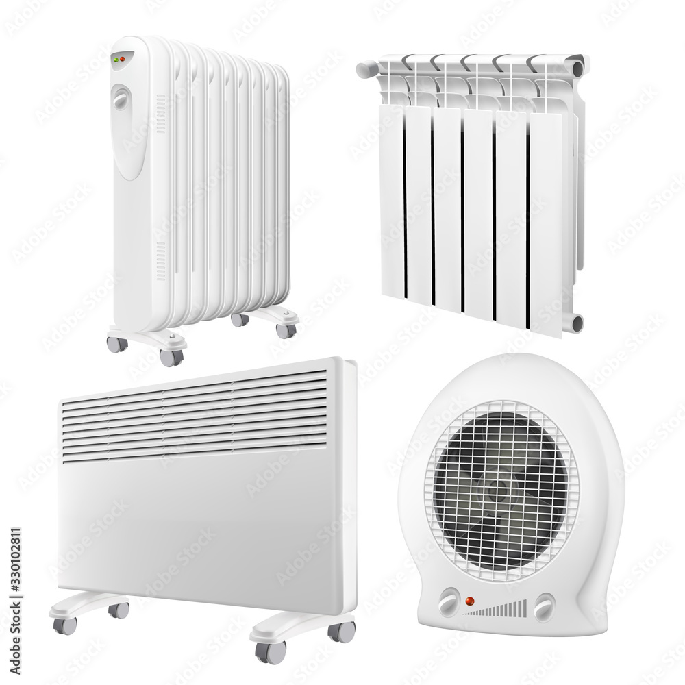 Fototapeta premium Heater Radiator Appliance Collection Set Vector. Wall Radiator And Electrical Oil-filled Device, Convector And Heat Fan Ventilator With Temperature Control. Concept Template Realistic 3d Illustrations