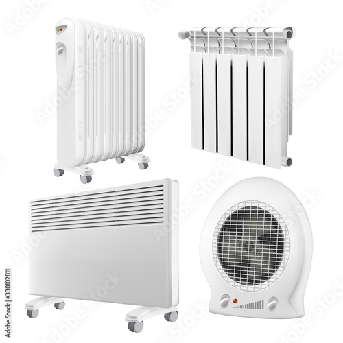 Heater Radiator Appliance Collection Set Vector. Wall Radiator And Electrical Oil-filled Device, Convector And Heat Fan Ventilator With Temperature Control. Concept Template Realistic 3d Illustrations